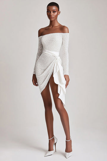 Robe de graduation à paillettes à épaules dénudées avec manches longues